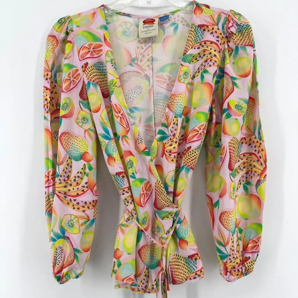 FARM Rio for Anthropologie Rainforest‎ Fruit Print Beaded Tassel Wrap Blouse XS
